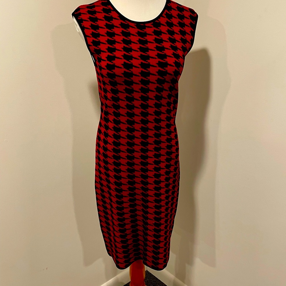 Red and black houndstooth knit dress- hits above the knee